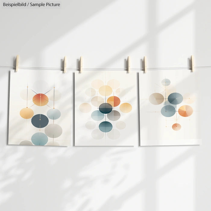 Three minimalistic geometric posters with circles in earth tones hung by clothespins under soft light.