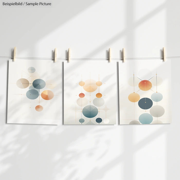 Three abstract geometric art prints with circles in shades of blue, orange, and beige hanging on a line by clothespins.