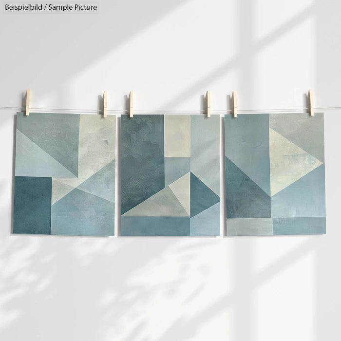 Three abstract geometric paintings in shades of blue hanging on a line with clothespins.