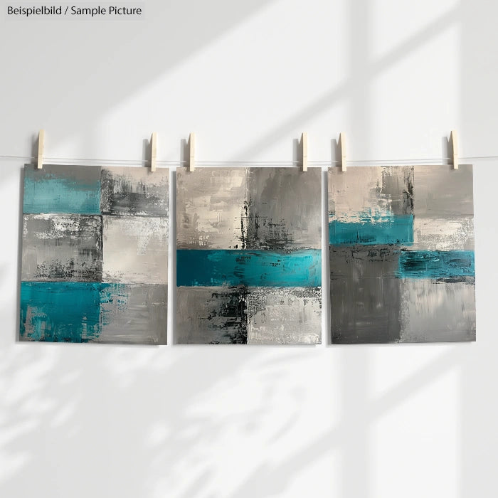 Set of three abstract paintings with teal, gray, and black geometric patterns hanging on a line.