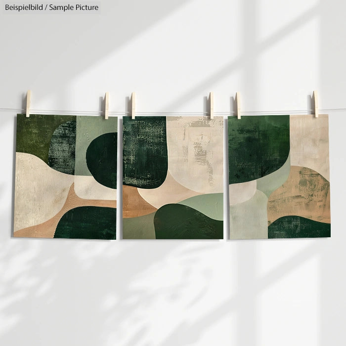 Triptych of abstract paintings with green, beige, and black shapes hung on a line.