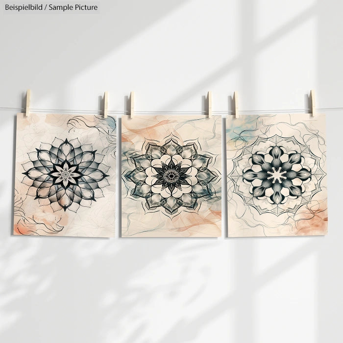 Three mandala art prints with intricate designs, hanging on a line against a softly shaded wall.