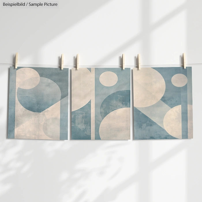 Minimalist abstract art panels with geometric shapes in blue and cream, hanging against a light background.