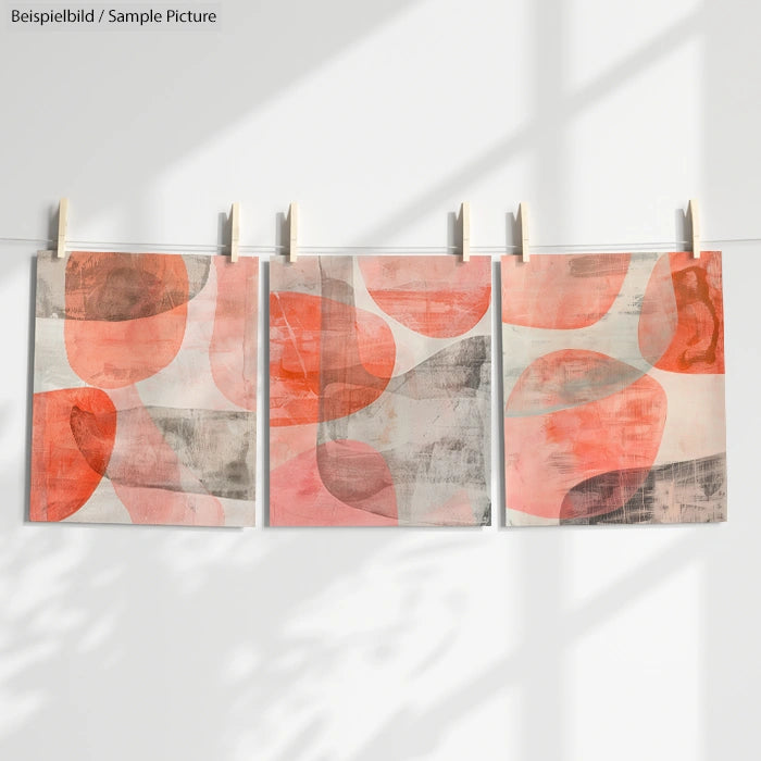 Three abstract paintings with orange and gray patterns hung on a line with clothespins against a light background.