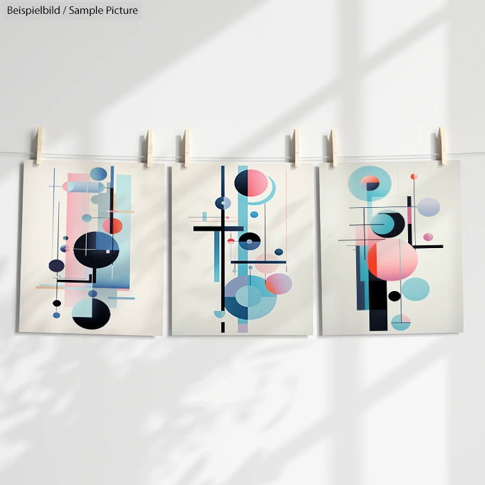 Three abstract geometric art prints hanging on a line with clothespins, featuring circles and lines in pastel colors.