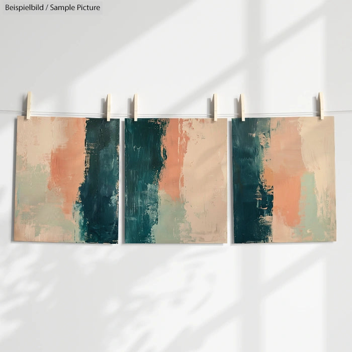 Three abstract paintings with green, peach, and beige colors hanging on a line against a bright wall.