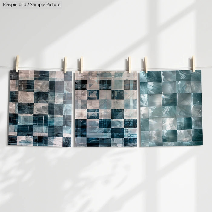 Three abstract art prints with blue and gray square patterns hanging on a wall with clips.