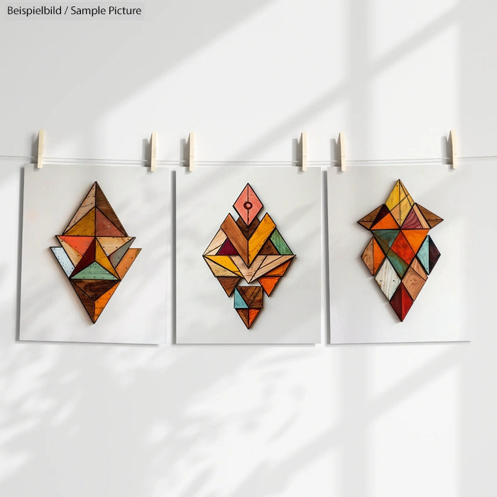 Geometric abstract artwork series with colorful triangular patterns on white background, hanging on a line.