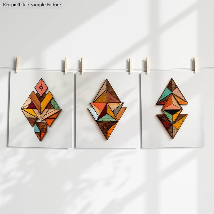 Three geometric art prints with triangular patterns in warm colors, clipped to a clothesline against a white wall.