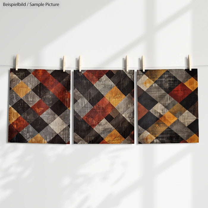 Three abstract prints with geometric patterns in red, black, and gold hues, hanging on a line with clothespins.