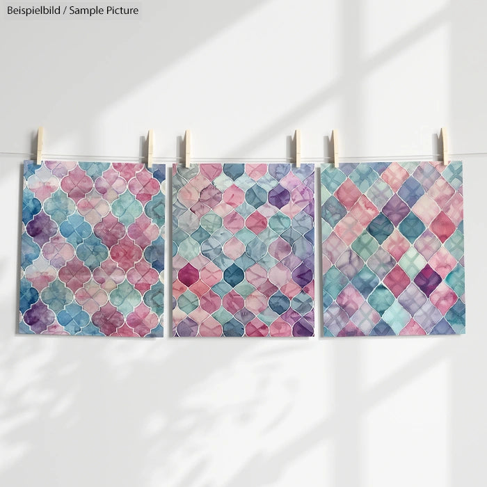 Three watercolor mosaic artworks hanging on a line, featuring geometric patterns in shades of pink, purple, and blue.