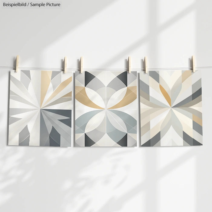 Three geometric abstract art pieces with symmetrical patterns in muted tones, hanging on a line with clothespins.