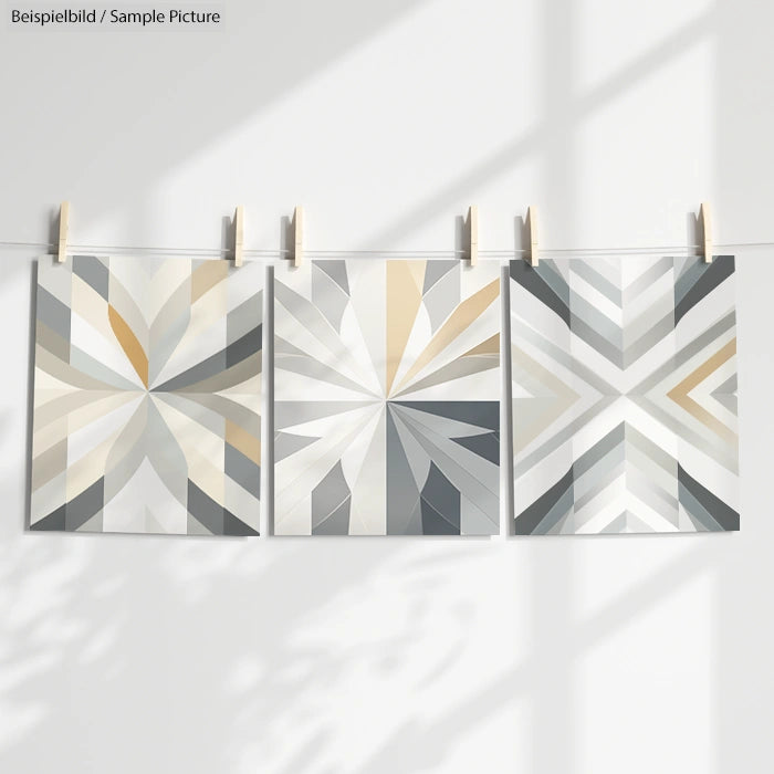 Three geometric abstract paintings with gray, beige, and white tones, hanging on a line clipped with clothespins.