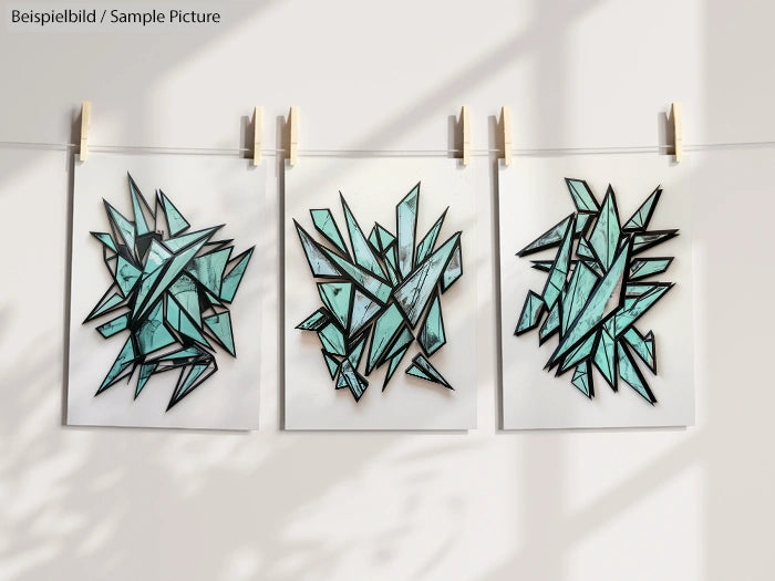 Three abstract geometric art pieces in teal and black hanging on a string against a light wall.