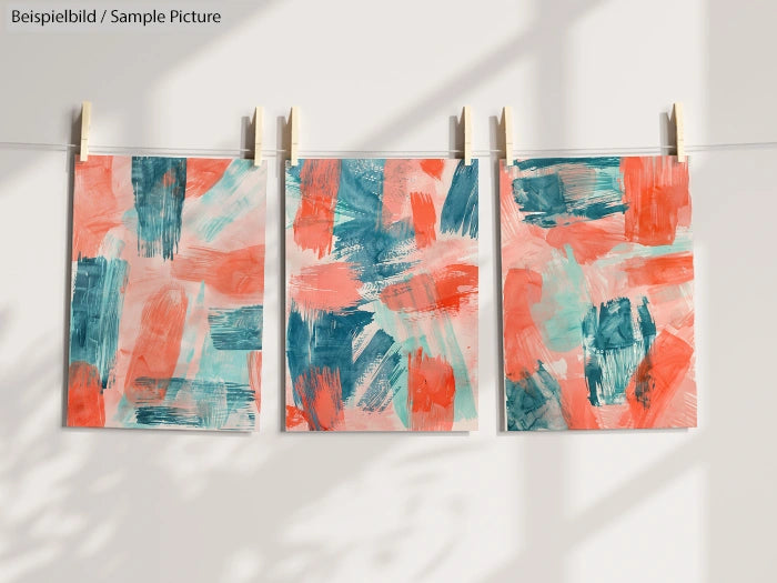 Three abstract paintings with blue, orange, and teal brushstrokes hanging on a clothesline against a bright backdrop.