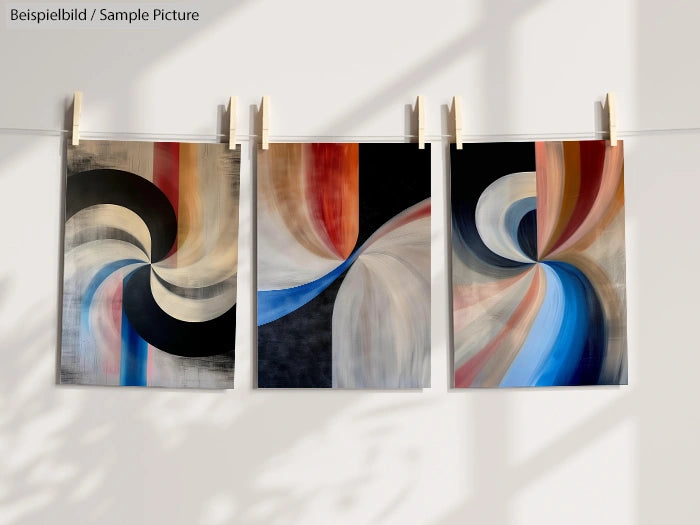 Three abstract paintings with swirling patterns in black, red, blue, and beige, hanging with clothespins.