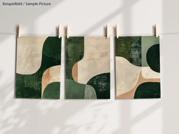 Three abstract art prints with green and beige geometric shapes, hanging on a line with clothespins.