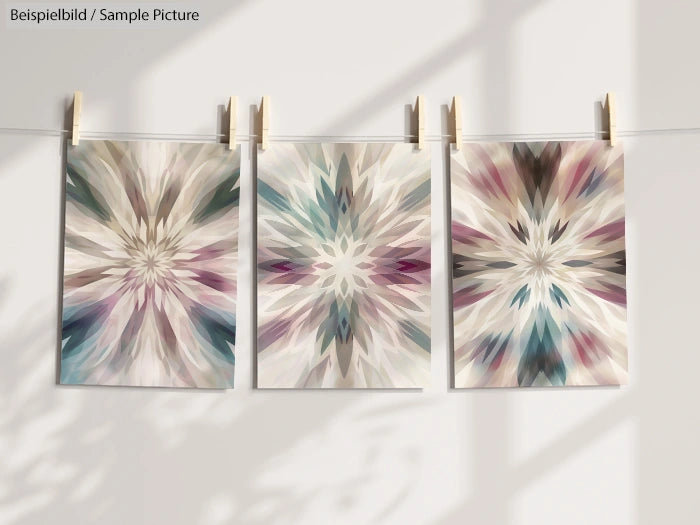 Three abstract floral art prints hanging on a line with clothespins, featuring soft pastel shades and radial symmetry.