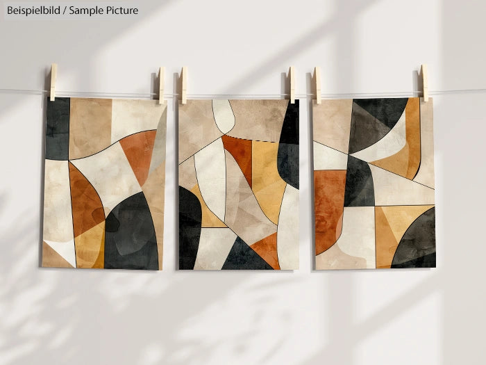 Three abstract geometric paintings with earthy tones, drying on a clothesline against a sunlit wall background.