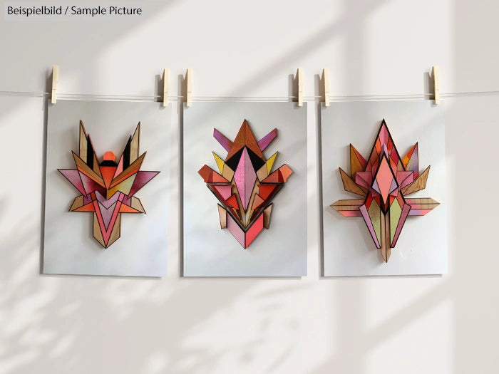 Three geometric animal art pieces hanging on a line with colorful patterns on paper against a sunlit wall.