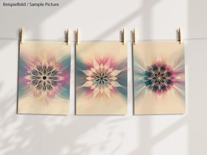 Artistic floral pattern prints hanging on a line with clothespins, casting soft shadows on a light background.