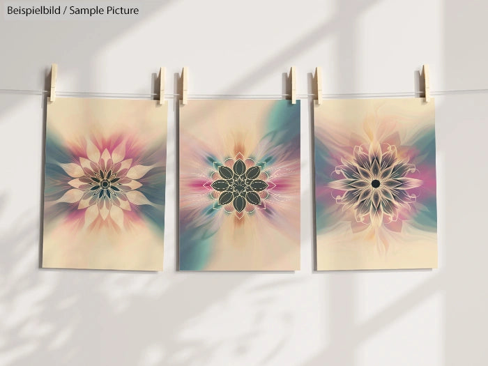 Three abstract mandala art prints hanging on a line with clothespins, featuring pastel colors and floral patterns.