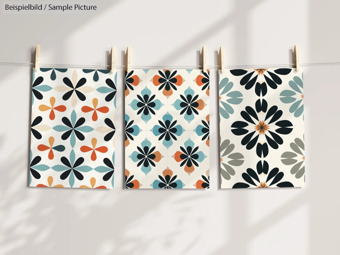 Three floral pattern prints in various colors hanging on a line.