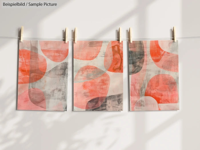 Three abstract paintings with pink and gray shapes hanging on a line with clothespins.