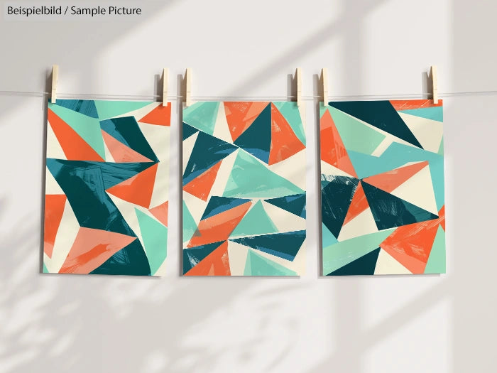 Three abstract geometric art prints with teal, orange, and white triangles hanging on a line with clothespins.