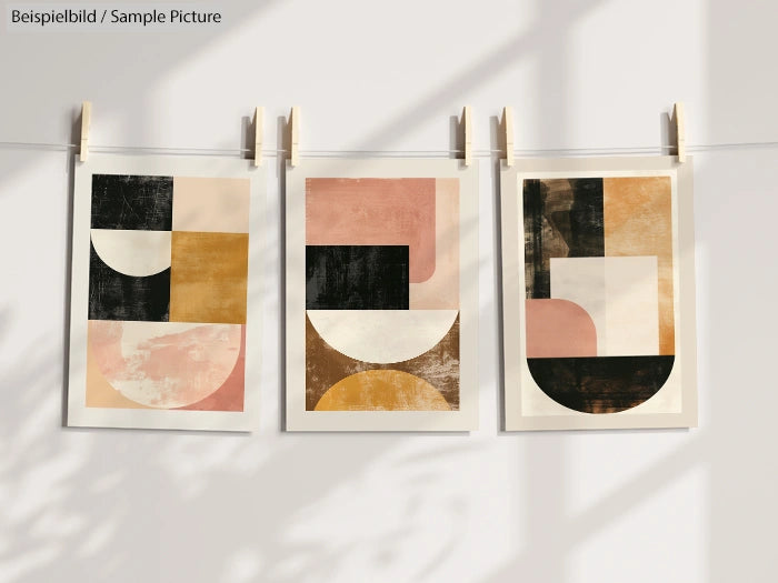 Three abstract geometric prints with pink, black, and gold shapes hanging on a line.