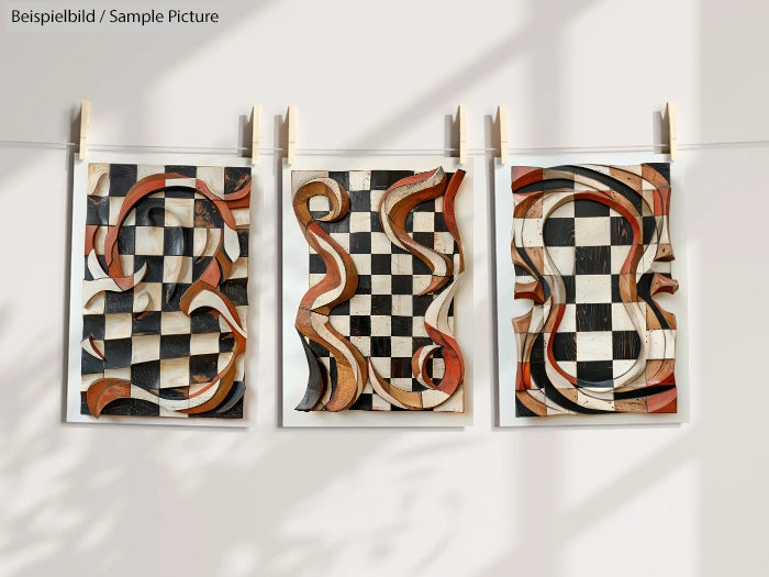 Three abstract art pieces with checkered patterns and flowing curves hung on a line against a sunlit wall.