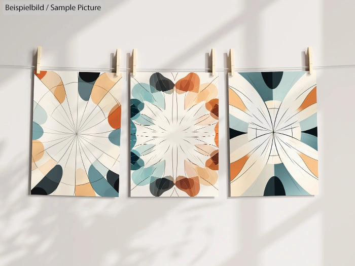 Abstract art prints hanging on a line, featuring geometric patterns in earthy colors.