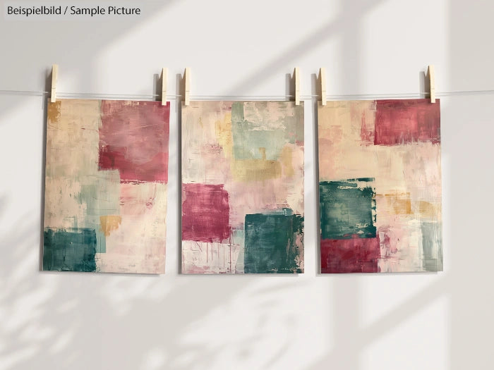 Three abstract paintings with blocks of red, teal, and beige colors hanging on a line with clothespins.