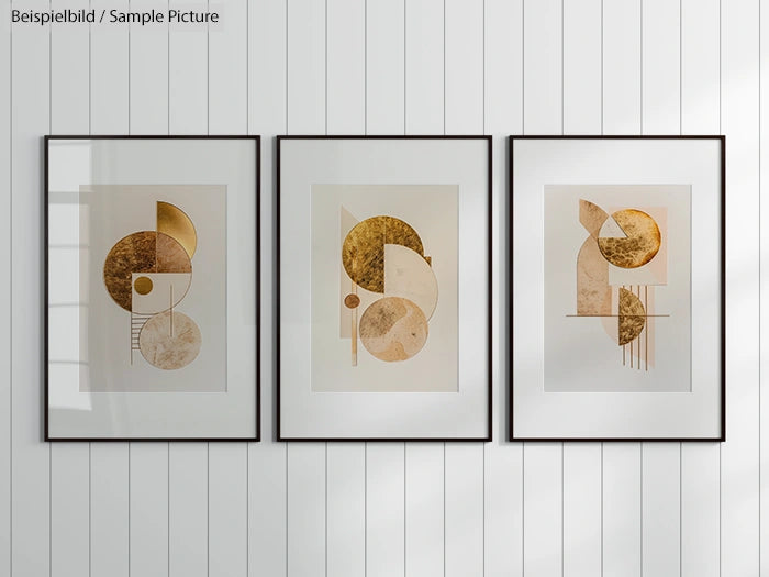 Three framed abstract artworks on a white paneled wall with gold and brown geometric shapes.