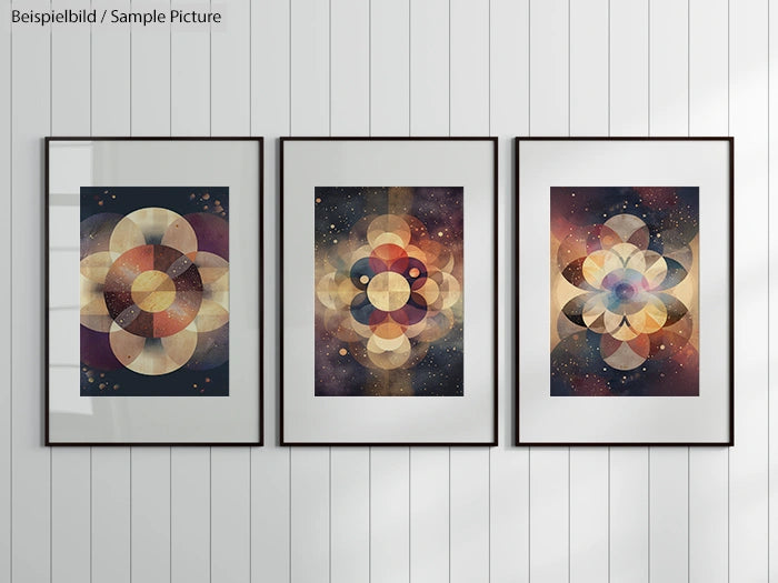 Three framed abstract artworks with layered geometric shapes and earthy tones hung on a white-paneled wall.