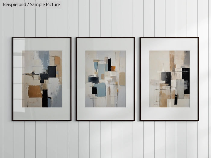 Three framed abstract paintings on a white paneled wall featuring geometric shapes in neutral tones.