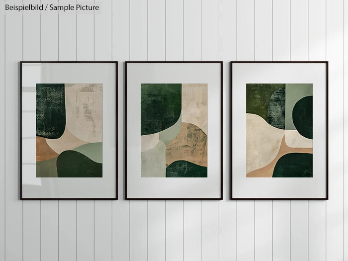 Triptych of abstract art prints in green, beige, and brown tones, framed on a white paneled wall.