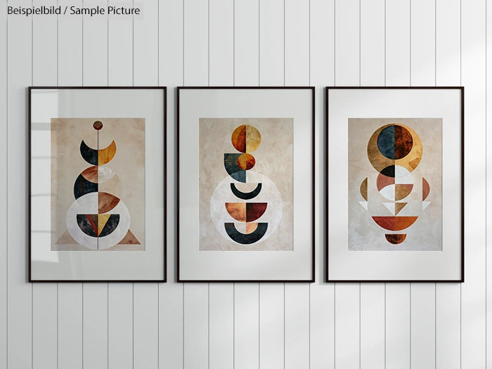 Abstract geometric art prints in three frames on a white panel wall.