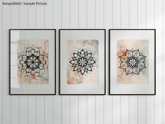 Three framed mandala art prints with floral designs on a white paneled wall.