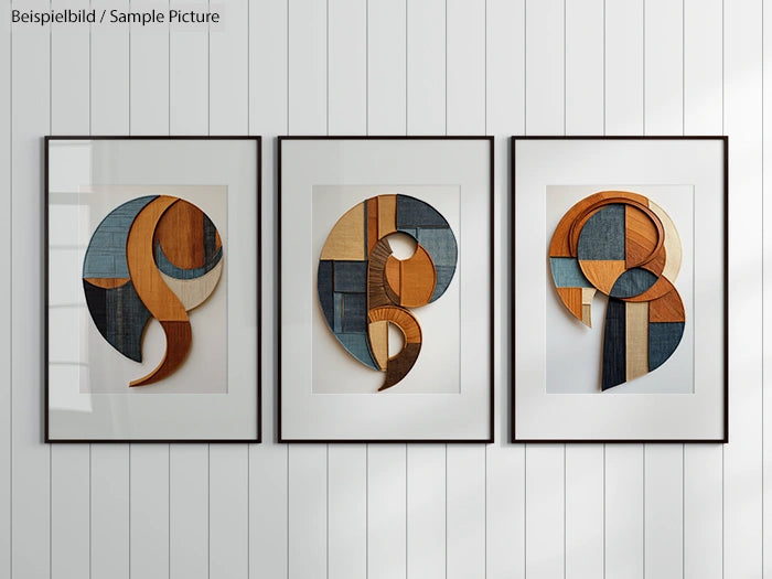 Three framed abstract art pieces with geometric shapes in wood and fabric textures on a white wall.