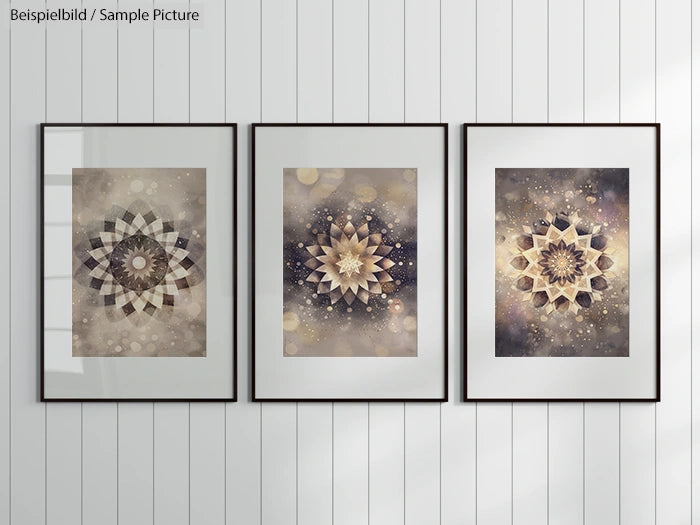 Three framed geometric mandala art pieces on a white paneled wall.