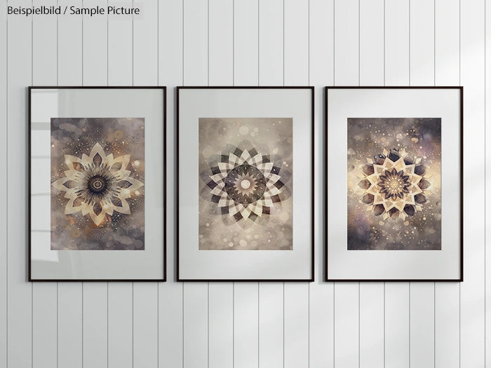 Three framed abstract flower art prints on a white panelled wall.