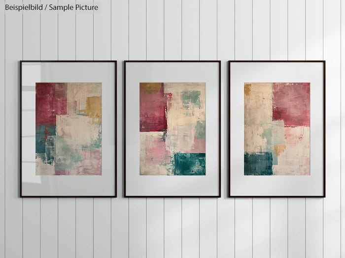 Minimalist abstract paintings with red, teal, and beige blocks in black frames on white paneled wall.