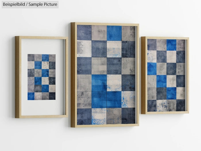 Framed abstract artwork with blue and gray checkered pattern, displayed in three different frame sizes on a white wall.