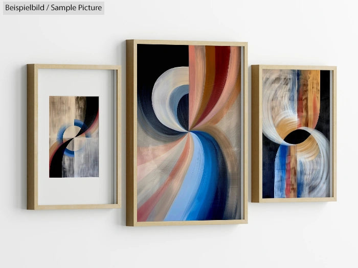 Three abstract paintings with curved shapes in blue, brown, and beige hues in light wooden frames on a white wall.