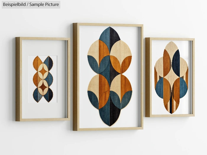 Three framed geometric artworks featuring overlapping circles in shades of tan, black, and blue on a white wall.