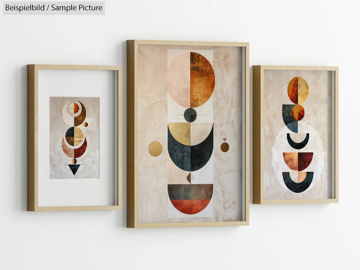 Three framed abstract geometric art pieces in warm earth tones with circular and semi-circular patterns.