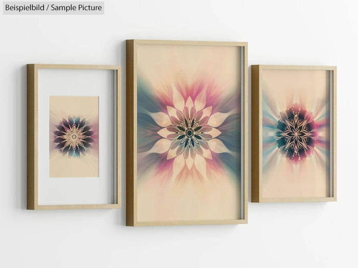 Triptych art with floral mandala designs in wooden frames, featuring pastel gradients and intricate patterns.