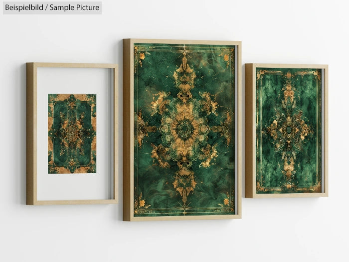 Three abstract art frames with green and gold symmetrical patterns mounted on a white wall.