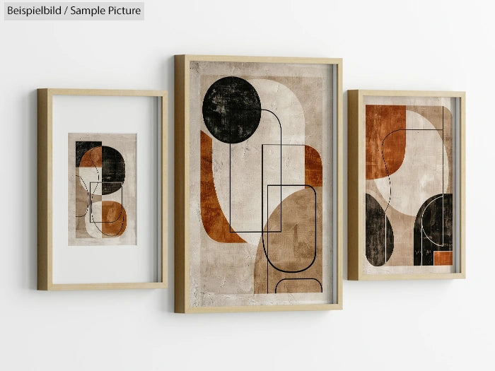 Set of three framed abstract art pieces with geometric shapes in black, brown, and beige on a light background.